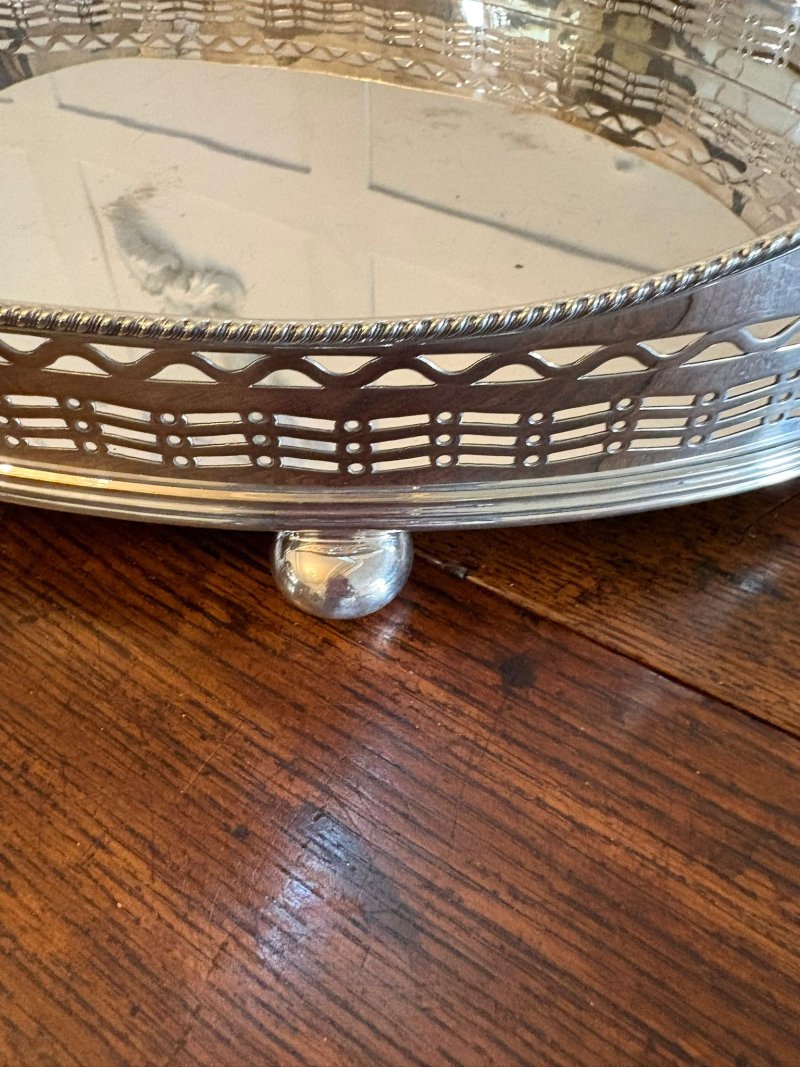 Antique Large Edwardian Silver Plated Oval Gallery Cocktail / Decanter Tray with Handles - Image 3